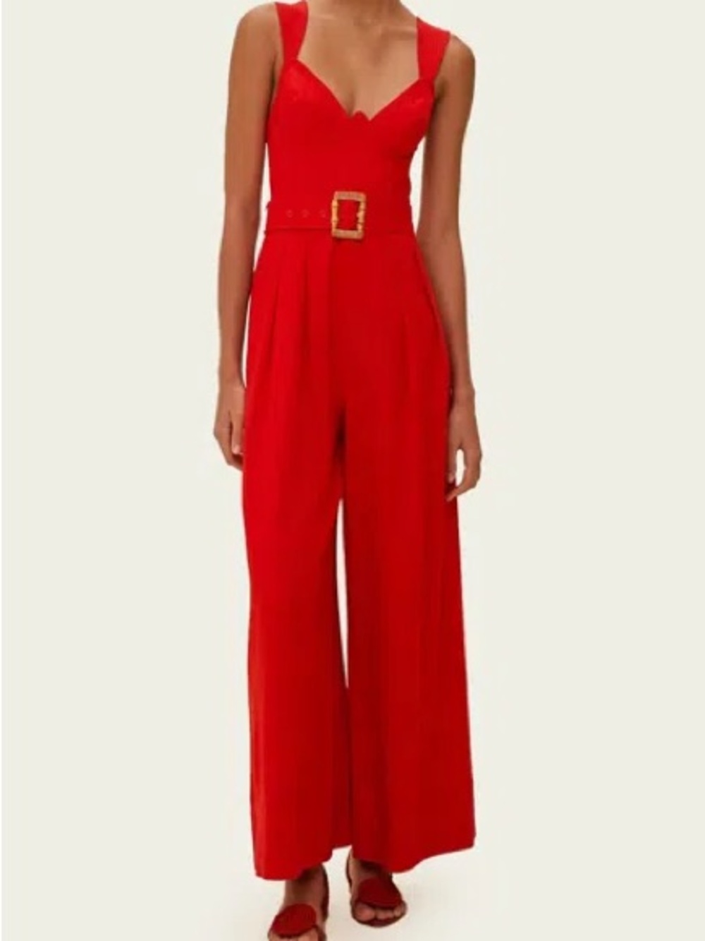 FARM Rio Red V-Neck Wide-Leg Jumpsuit with Wood Buckle Belt